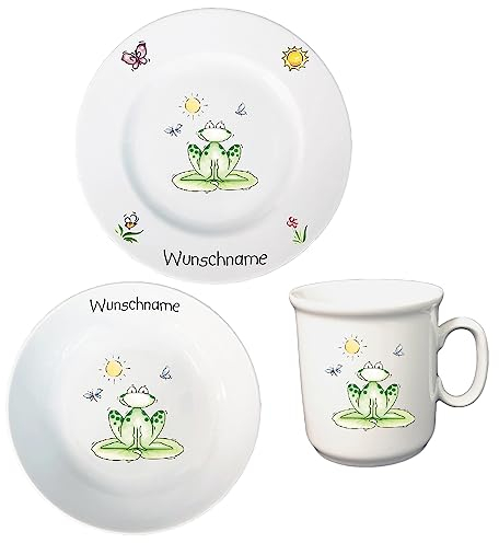 Kindergeschirr personalisiert - Frühstücksservice 3-tlg. Porzellan Teller Becher Schale personalisierbar mit Wunschname Name Frühstücksset mit Namen personalisiert (Frosch)