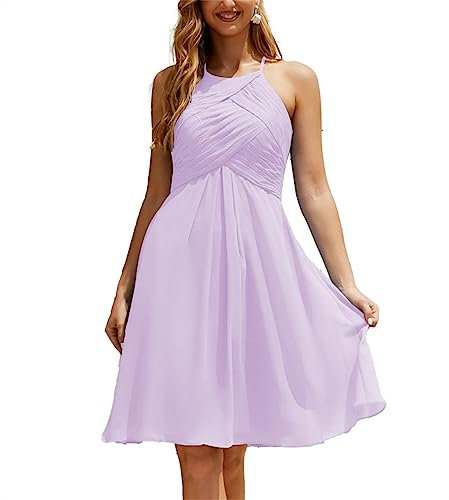 Elegante vestido de fiesta de boda de gasa con cuello halter para mujer, Luz Lila, 36