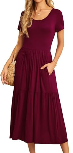 GRECERELLE Womens Summer Maxi Dress Casual Short Sleeve Crew Neck Swing Flowy Tiered Party Dresses with Pockets for Weddings, Holidays (Wine Red, L)
