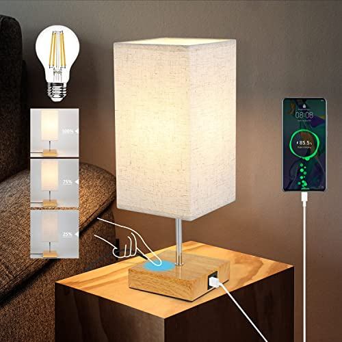 GBLY Nachttischlampe Touch Dimmbar Tischlampe USB: Vintage Tischleuchte mit Ladefunktion E27 Aufladbar Nachtlicht Licht mit Stoff Lampenschirm für Wohnzimmer Schlafzimmer Bedside