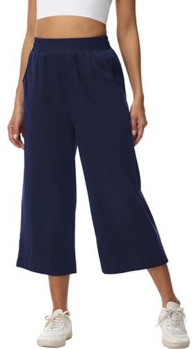 HMIYA Damen 3/4 Culotte Hose leicht Sommerhose aus Baumwolle Jogginghose mit Taschen,Navy,M