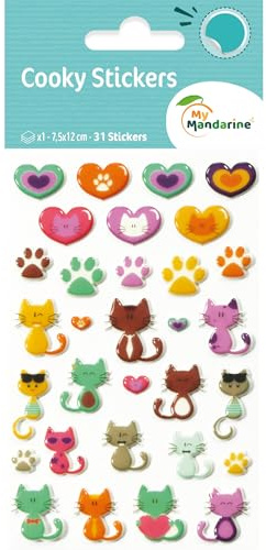 MY MANDARINE 560500Cpack - Packung mit 10 Stickerbögen 3D Stickers Cooky, 310 Stickers, Katzen mit Herzen, 1 Pack