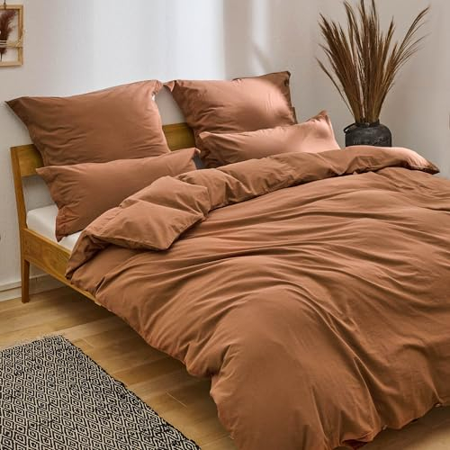 Blumtal Bettwäsche 155x220cm Sommer 2teilig mit Kissenbezug 40x80cm - Bettbezug leinenartige Baumwolle, ähnlich wie Leinenbettwäsche - Oeko-TEX zert. Stone Washed Bettbezug Kupfer