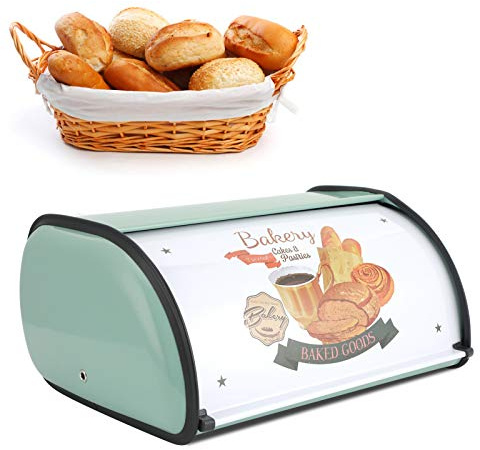 NUMNBE Paneras para guardar el pan, panera metálica retro de gran capacidad 15x24x33 cm azul - Conserva pan y bollería fresca, tapa hermética antiolores, ideal para cocina y hogar (Verde)