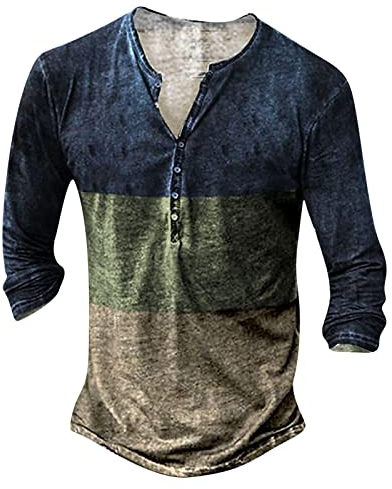 T Shirt Mit Knopfleiste Herren Kurzarm Mens Summer Fashion Casual Fasten 3D-Digitaldruck-T-Shirt Langarm-Top Schluckspecht Herren Slim Fit T-Shirt Herren Langarmshirt Herren (24-0318A-Blue, L)