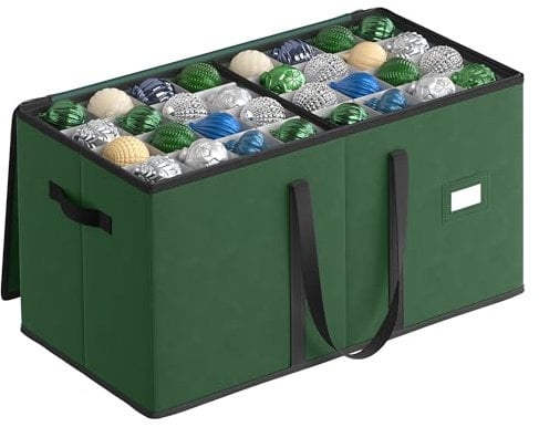 SONGMICS Aufbewahrungsbox für Weihnachtskugeln, Weihnachtskugeln Aufbewahrung, mit Deckel, Doppelreißverschluss, 8 Tabletts, 600D Oxford-Gewebe, 128 Fächer je 7,6 cm, waldgrün RFB035C01