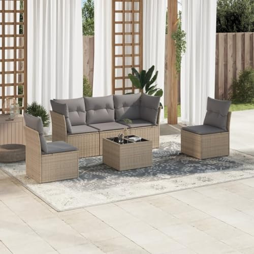 QJBSAVVA 6-TLG. Garten-Sofagarnitur, Balkonmöbel Set Eckbankgruppe Balkon Sessel Gartensofa Geeignet für Garten Wenig Platz Außen Balkon mit Kissen Beige Poly Rattan