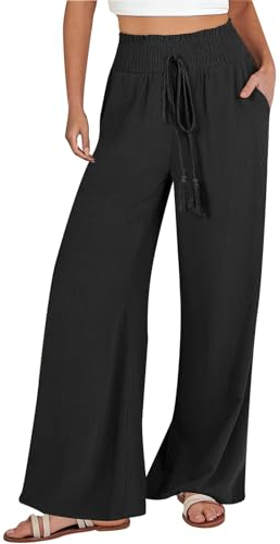 Leinenhose Damen Sommer Freizeithose Leinen Leicht Casual Yogahose Einfarbig Elegant Palazzo Hose Weites Bein Hose Baumwolle Bequeme Stoffhose Hohe Taille Strandhose mit Taschen(#G Black,XXL)