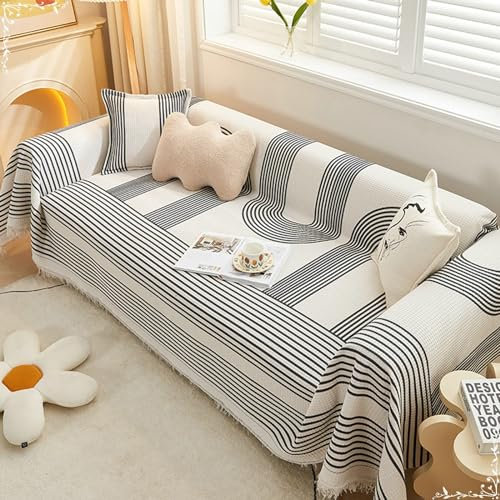 AMDXD Sofa Überwurfdecke, Waffle mit Streifen Muster Sofa Überwurfdecke Vintage, rutschfeste Sofahusse in Baumwolle Leinen für Wohnzimmer Protector & Hunde Haustiere - 180x130CM, Schwarz
