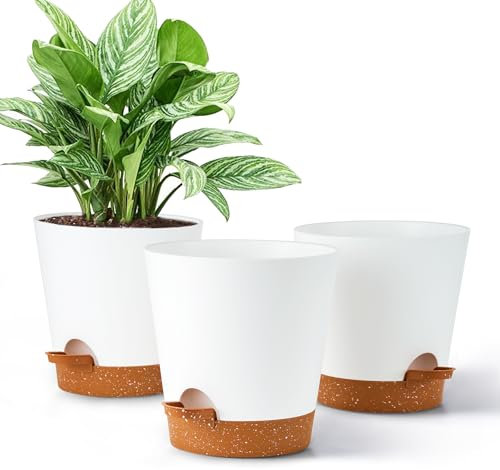 Gardrium Lot de 3 Pots de Fleurs en Plastique (17,8 cm) avec Trous de Drainage - pour l'intérieur et Le Balcon - Blanc avec Soucoupe Marron