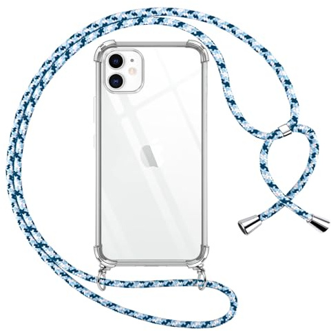 Pnakqil Funda para iPhone 11 con Cuerda, Carcasa Transparente Silicona Colgar Collar Correa de Cuello Cadena para iPhone 11 Fundas, Cordón Ajustable [Azul]