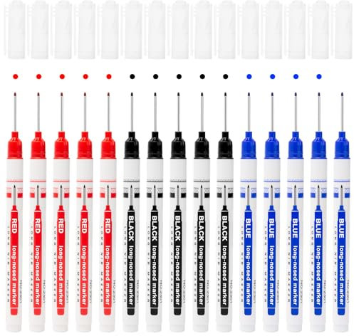 Pilikoll 15 Pcs 20mm Waterproof Deep Reach Markers Deep Hole Marker Pens Hole Marker Tool Carpenters Pen Long Head Deep Hole Marker Kit for Permanent Marking of Hard To Reach Areas (Black Blue Red)