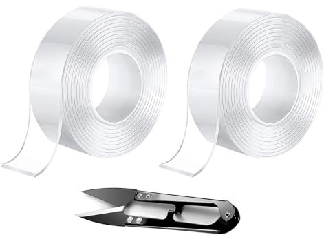 DuDuZui 2 Rollos de Cinta Adhesiva de Doble cara 3m x 3cm, Transparente Nano Cinta Adhesiva de Doble cara Despegable para Decoración de Paredes, Alfombras, Carteles, Cortinas, Coche, con 1 Tijeras