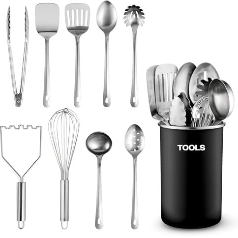 Juego de utensilios de cocina, 10 piezas, utensilios de cocina de acero inoxidable con cucharas, batidor, espátula, pinzas, cucharón, triturador y soporte para utensilios de cocina, accesorios de