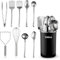 Lot de 10 ustensiles de cuisine en acier inoxydable avec cuillères, fouet, spatule, pince, louche, presse-purée et support pour ustensiles de cuisine – Accessoires de cuisine, gadgets et outils (noir)
