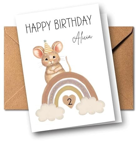 Personalisierte Kinder Glückwunschkarte zum 1. 2. 3. 4. 5. 6. 7. usw. Geburtstag Grußkarte Geburtstagskarte Faltkarte Kindergeburtstag mit Name verschiedene Tiermotive Boho Regenbogen (Maus)