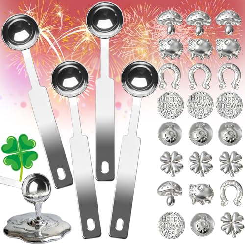 Dongcill 28 Teiliges Set Zinngießen,24 schweren Figuren und 4 Löffel | Zinngießen Set Silvester, Silvestergießen das Wahrsagerei-Partyspiel,Frohes Neues Jahr mit Sternen