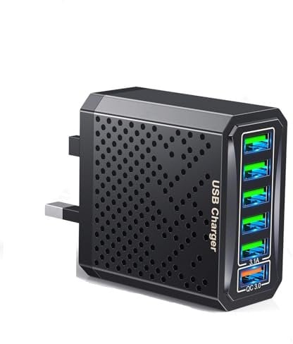 USB Plug Fast Charge, 6-Port Fast Multi Charger Plug UK Charging Power Adapter Multiple Quick Charge Wall Plug for iPhone 16/15/15 Pro/15 Pro Max, Samsung S21 S20 S10 S9