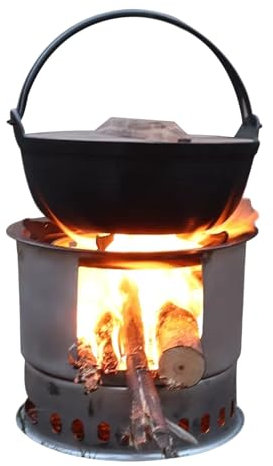 YJKKZQLB Klappbare Feuerstelle für den Außenbereich, Campingkocher, Holzofen aus Edelstahl, Holzofen, rauchfreie Feuerstelle mit hängendem Topf aus Gusseisen, für draußen, ideal für 2–3 Personen