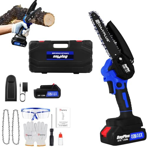Akku Kettensäge 21V, 6 Zoll Blau Mini Kettensäge mit Akkus, 2 Kette, Kettensäge Elektrisch Handsäge Einhand Handkettensäge mit Sicherheitsschloss für Gartenarbeit Baumbeschneidung Holzschneiden