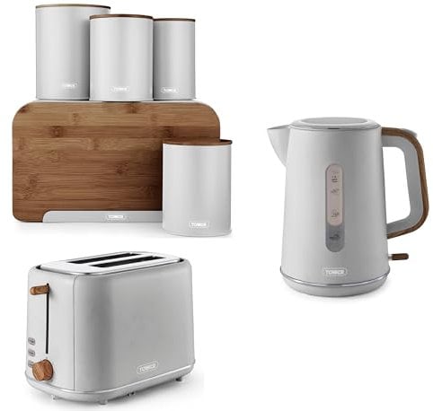 Tower Scandi Dove Grey Jug Kettle, 2 Slice Toaster, Bread Bin, 3 Canisters & Biscuit Barrel. Scandinavian Inspired Design Matching Kitchen Set of 7 in Dove Grey with Wooden Accents