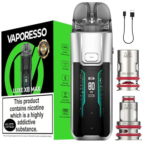 Vaporesso Luxe XR Max Vape Kit [Silver] - Available in 14 Colours - 2800mAH Ultra High Density Battery, 2A Fast Charge, 80W Max, 0.54 OLED - Works with Luxe X Pods & GTX coils - No Nicotine