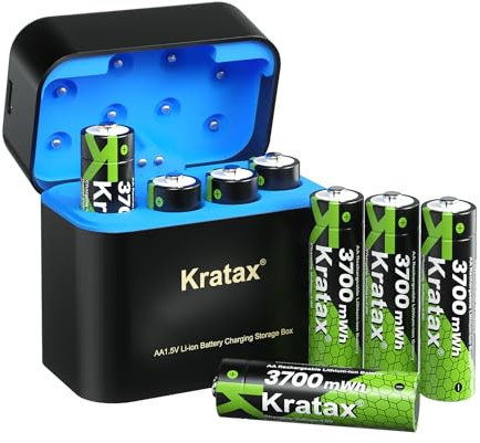 Kratax Lot de 8 piles au lithium AA rechargeables avec chargeur, haute capacité AA, 1,5 V, 3700 mWh, 2000 cycles de charge, piles AA Li-ion rechargeables avec boîtier de charge intelligent