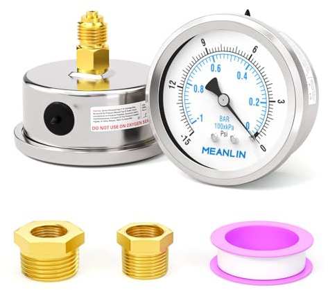 MEANLIN MEASURE -1~0BAR/-15~0PSI Trockenes Manometer Edelstahl 1/4BSP 2FACE DIAL Wasserdicht für Brunnen Pumpe Wasser Reifen Wasserdruck Tester hinten montieren, mit 1/2BSP und 3/8BSP Hex Buchse