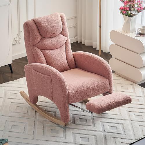 Soweiz Sedia a dondolo con sgabello, poltrona lounge con pouf, sedia a dondolo per interni con schienale alto per il soggiorno, tessuto teddy (rosa, 66 x 125 x 101 cm)