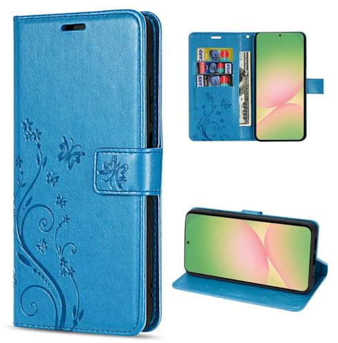Handyhülle kompatibel mit Samsung Galaxy A56 | Premium PU Leder Handy Hülle Wallet Case | Schutzhülle Blumen Klapphülle | Blau