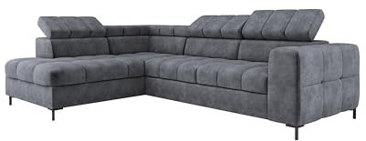 Ecksofa PABLO 279x201 cm Mit Bettkasten, Schlaffunktion, Verstellbaren Kopfstützen Und Metallfüßen, Bezogen Mit Pflegeleichtem CLOUD-Stoff, Wellenfederung, T30-Schaum Linke Layout, DUNKELGRAU