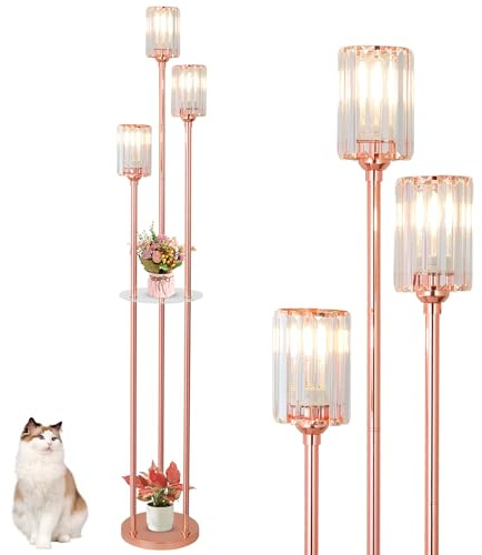 Rayofly Lampada da Terra Moderna con Ripiani, Piantana a 3 Luci in Oro Rosa per Soggiorno, Piantana in Cristallo con Paralumi in Vetro e Interruttore a Pedale, Lampade da Terra in Ottone per Ufficio