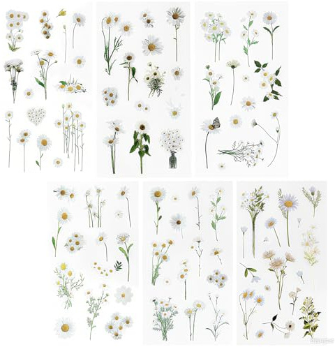 REEKNOKOL 12 Sheets Flower Stickers, Natural Daisy Stickers Self-Adhesive Floral Stickers for Scrapbook Supplies Card Laptop DIY Crafts Bottle Journaling