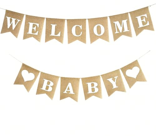 LACHT Vintage Leinen Welcome Baby Banner,Rustikal Leinen Buchstaben Wimpel Girlande Willkommen Baby Banner Haus Dekoration für Zuhause Party Empfang Babyparty Wimpelkette