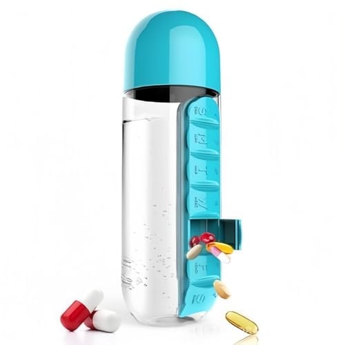 Generico 2 in 1 Tragbare Wasserflasche mit Pillenbox Organizer 7 Tage Planer Box Reisemedizin Containers (Blau)