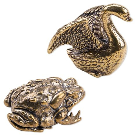 DEJIN 2Pcs Vintage Frog Ornaments Toad Figurines with Swan Statue Metal Animal Sculpture Decoration Set for Tea Table Living Room Bookshelf and Office Desk Display