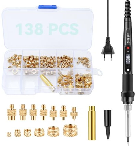BOSYTRO 138 Stück Gewindeeinsätze Lötspitzen Set, 80W LCD Einstellbarer Temperatur Lötkolben für Gewindeeinsätz Einschmelzmuttern M2 M2.5 M3 M4 M5 M6 M8+7PCS Lötspitzen Kompatibel 3D Drucker