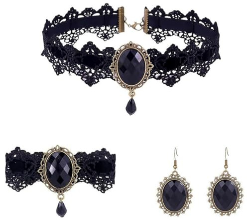 YAZWUR 3-teiliges Halsketten-Set mit Ohrringen und Armband, Gothic Kleidung Damen, Halloween Vintage Zubehör, Vampir Schmuck, Choker Kette Damen, Piraten Schmuck Kette