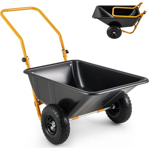 HeavyDuty 80L Gartenwagen Cart2Wheeled Schubkarre mit faltbarem Griff & zwei Luftreifen, langlebiger Metall-Bollerwagen für Werkzeuge und Pflanzentransport (schwarz & gelb)