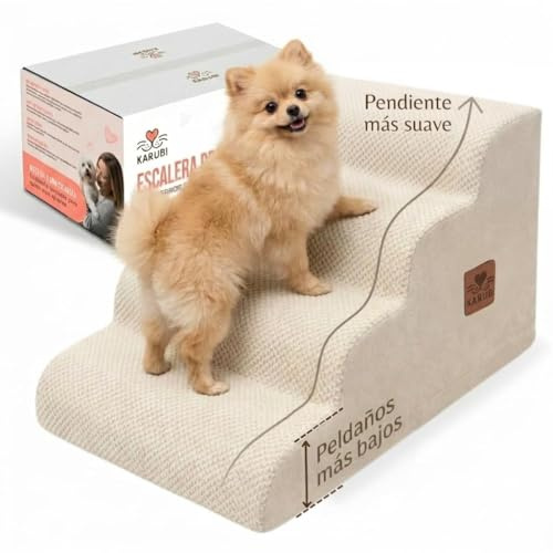 Escalera para Perros Pequeños y Senior, Peldaños Bajos y Pendiente Suave para Subir Fácil y sin Esfuerzo, Rampa para Perros Pequeños, Escalera Perro Antideslizante con Funda Lavable, Beige, KARUBI