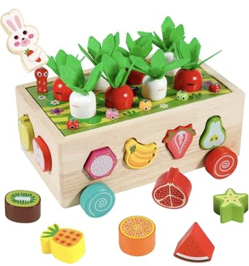 Kinder Montessori Spielzeug ab 1 2 3 Jahr 7-in-1 Holzspielzeug Steckspiel Sortierspiel Holzpuzzle Karottenernte Lernspielzeug Geschenk für Jungen Mädchen Kleinkind