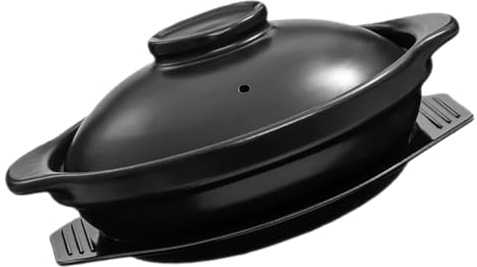 BIUDECO 600ml Ceramic Stew Pan with Lid and Tray, Multi-use Claypot Cooking Pot Featuring Double Handles, Black Clay Pot for Cooking Retaining Natural Flavors for Soup and Braising