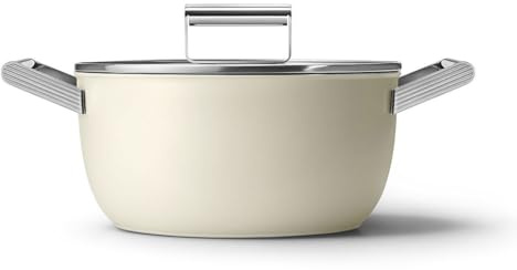 Smeg, Casseruola Antiaderente CSF2412CRM, Diametro 24 cm, Rivestimento Ceramico senza PFAS, Manico in Acciaio Inox, per Tutti i Piani Cottura, fino a 250° in Forno, Capacità 3,1 cl, Panna Opaco