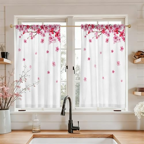 Odot Sakura-Stil Bistrogardine, 2 Stück Scheibengardine, Küchengardinen mit Stangendurchzug, Halbschattierung Vorhänge Wohnzimmer, Gardinen Kurz für Küchen Esszimmer Badezimmer (Sakura,80x120cm)
