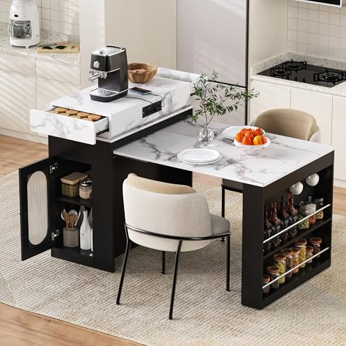 NuvlaGu Isla de cocina con tablero extensible, regleta, espacio de almacenamiento y ruedas, moderno aparador como mesa de comedor, mesa de bar o aparador para cocina y comedor negro (negro, 83 x 46 x