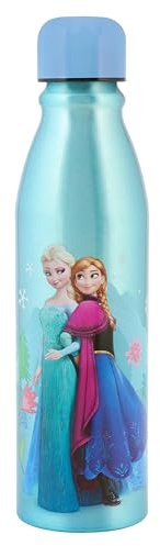 Disney Frozen Aluminium Water Bottle, Blue, 600ml, Reusable BPA Free, Soda Bottle Shape, Elsa and Anna Design