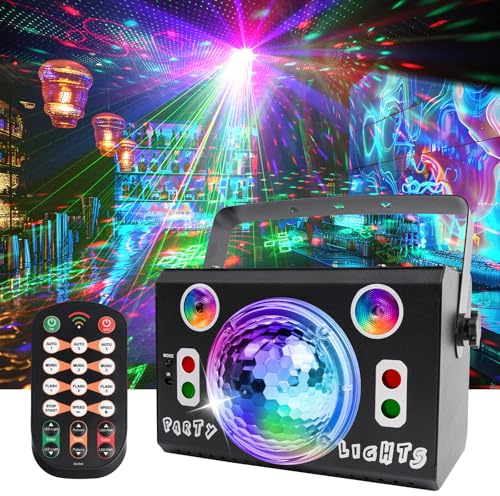 Discolicht Partylicht mit Fernbedienung, DJ Disco Licht 120 Muster, RGB LED PAR & Party Laser & Discokugel mit Stroboskop, Musikgesteuert Disco Party Lampe für Hauspartys Clubs Halloween Weihnachten