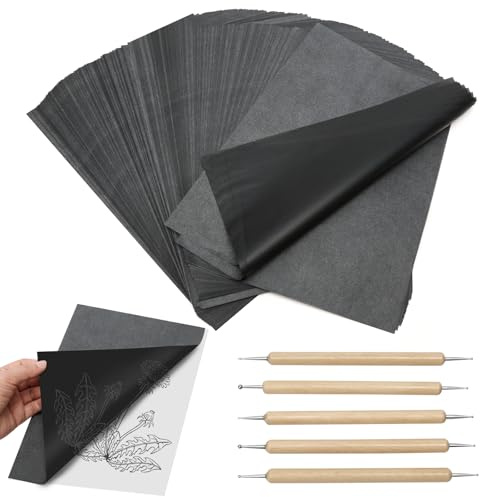 Lot de 200 feuilles de papier de transfert A4 - Papier carbone à tracer - Avec 5 stylos - Papier graphite noir - Pour bois, toile, métal, verre, bricolage, bricolage
