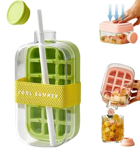 Water Bottle,2-in-1 Ice Cube Maker Bottle with Straw, Portable Ice Mold Cup, Easy Release Press Ice Tray, Reusable Summer Drink Bottle, Leakproof, BPA Free, 800ml (Green, 800ml)