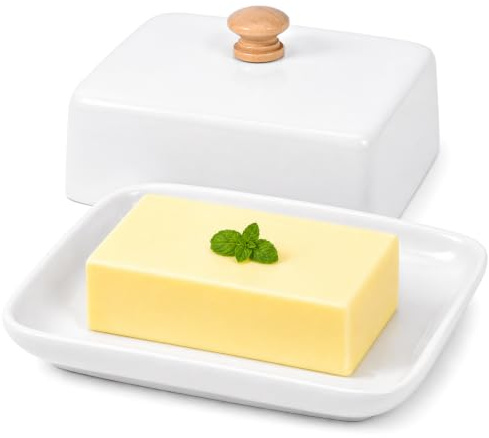 Butterdose Keramik mit Deckel Weiß Butterdose Porzellan für 250g Butter | Butterglocke für Frischehaltung, Spülmaschinengeeignet, Mikrowellengeeignet, Klassische Butterbox für Kühlschrank & Tisch